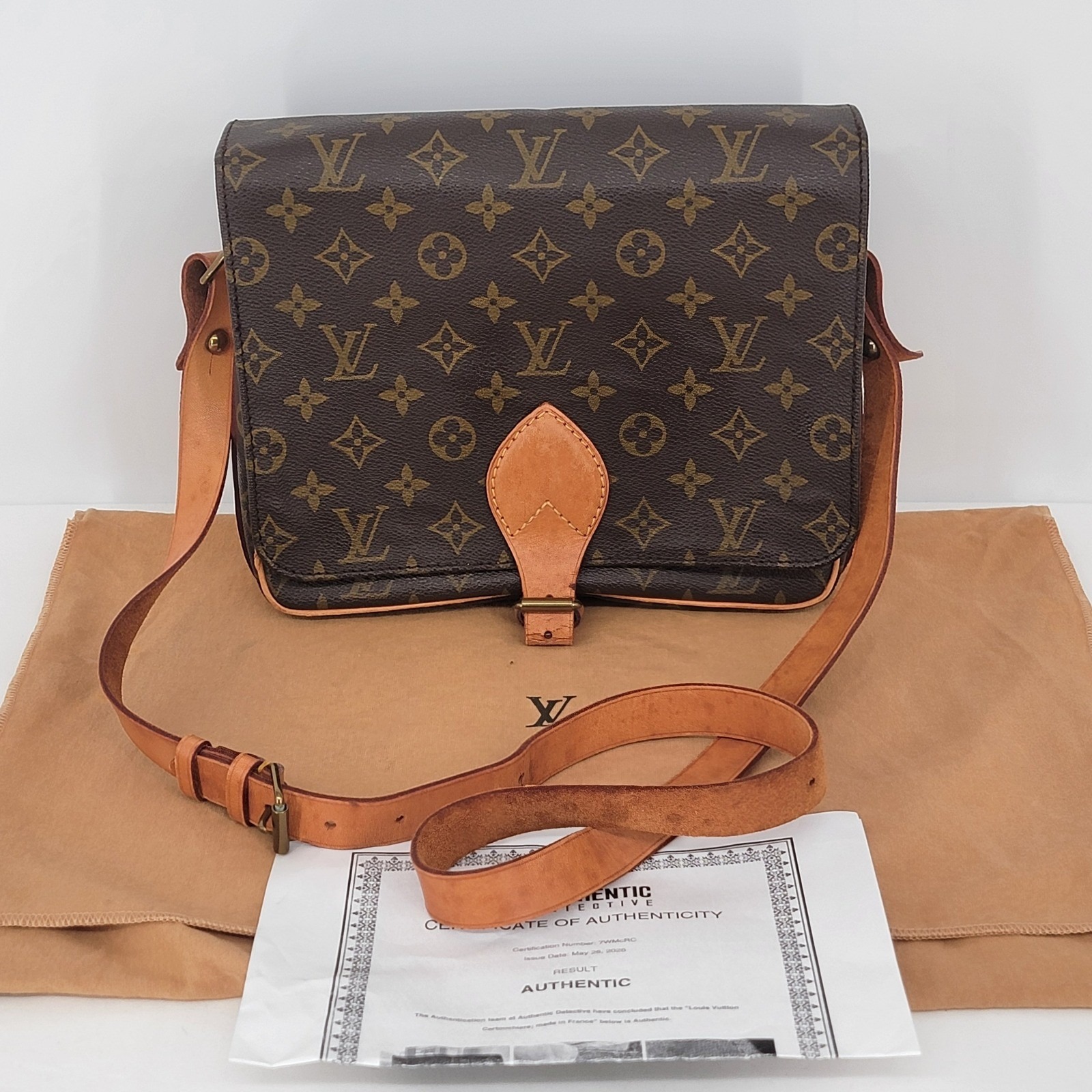 Louis Vuitton Cartouchiere Monogram Canvas Crossbody Bag Vintage Brown Leather